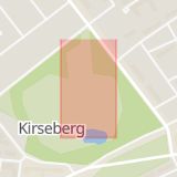 Karta som med röd fyrkant ramar in Kirseberg, Mölledalsgatan, Beijers Park, Malmö, Skåne län