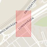 Karta som med röd fyrkant ramar in Krusegatan, Lundavägen, Malmö, Skåne län