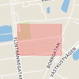 Karta som med röd fyrkant ramar in Aspögatan, Gärde, Linköping, Skåne län