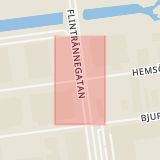 Karta som med röd fyrkant ramar in Flintrännegatan, Hemsögatan, Malmö, Skåne län