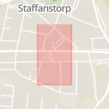 Karta som med röd fyrkant ramar in Järnvägsgatan, Malmövägen, Staffanstorp, Skåne län
