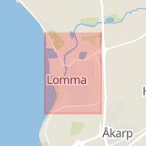 Karta som med röd fyrkant ramar in Lund, Lomma, Skåne län