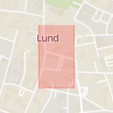 Karta som med röd fyrkant ramar in Vårfrugatan, Lund, Skåne län