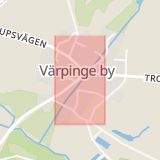Karta som med röd fyrkant ramar in Värpinge, Lund, Skåne län