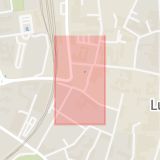 Karta som med röd fyrkant ramar in Klostergatan, Bantorget, Stora Gråbrödersgatan, Lund, Skåne län