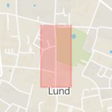 Karta som med röd fyrkant ramar in Kyrkogatan, Lund, Skåne län