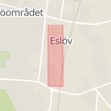 Karta som med röd fyrkant ramar in Södergatan, Eslöv, Skåne län