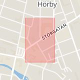 Karta som med röd fyrkant ramar in Storgatan, Hörby, Skåne län