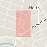 Karta som med röd fyrkant ramar in Nya Torg, Hörby, Skåne län
