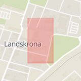 Karta som med röd fyrkant ramar in Ringvägen, Olovsgatan, Järnvägsgatan, Regeringsgatan, Nygatan, Landskrona, Skåne län