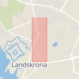Karta som med röd fyrkant ramar in Stora Norregatan, Landskrona, Skåne län