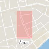 Karta som med röd fyrkant ramar in Åhus, Skrågatan, Vallgatan, Kristianstad, Skåne län