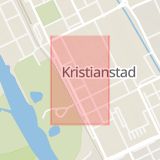 Karta som med röd fyrkant ramar in Västra Vallgatan, Kristianstad, Skåne län