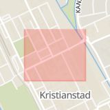 Karta som med röd fyrkant ramar in Nya Boulevarden, Kristianstad, Skåne län
