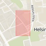 Karta som med röd fyrkant ramar in Prästgatan, Södra Storgatan, Helsingborg, Skåne län