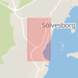 Karta som med röd fyrkant ramar in Järnvägsgatan, Sölvesborg, Blekinge län