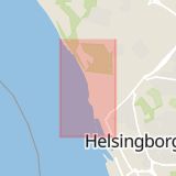 Karta som med röd fyrkant ramar in Kantorsgatan, Pålsjö Skog, Sofiero, Drottninggatan, Mariastaden, Helsingborg, Skåne län