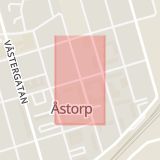 Karta som med röd fyrkant ramar in Esplanaden, Skolgatan, Åstorp, Skåne län