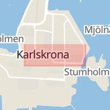 Karta som med röd fyrkant ramar in Ronnebygatan, Trossö, Karlskrona, Blekinge län
