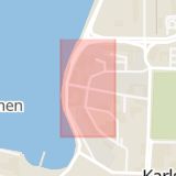 Karta som med röd fyrkant ramar in Västra Köpmansgatan, Bryggaregatan, Karlskrona, Blekinge län