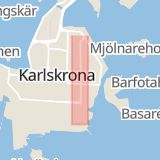 Karta som med röd fyrkant ramar in Trossö, Drottninggatan, Karlskrona, Blekinge län