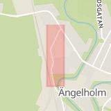 Karta som med röd fyrkant ramar in Industrigatan, Ängelholm, Skåne län