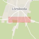 Karta som med röd fyrkant ramar in Lönsboda, Södra Gränsgatan, Osby, Skåne län