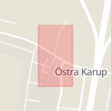 Karta som med röd fyrkant ramar in Östra Karup, Postridarens Väg, Viktor Ewalds Väg, Båstad, Skåne län