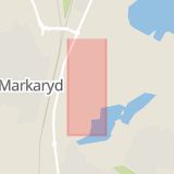 Karta som med röd fyrkant ramar in Kvarngatan, Markaryd, Kronobergs län