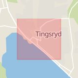 Karta som med röd fyrkant ramar in Storgatan, Tingsryd, Kronobergs län
