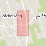 Karta som med röd fyrkant ramar in Dackegatan, Väckelsång, Tingsryd, Kronobergs län