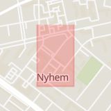 Karta som med röd fyrkant ramar in Smedjegatan, Nyhem, Halmstad, Hallands län