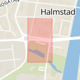 Karta som med röd fyrkant ramar in Slottsgatan, Halmstad, Hallands län