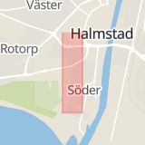Karta som med röd fyrkant ramar in Skepparegatan, Halmstad, Vallen, Våxtorp, Laholm, Hallands län
