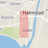 Karta som med röd fyrkant ramar in Skepparegatan, Halmstad, Hallands län