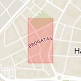 Karta som med röd fyrkant ramar in Backhausgatan, Brogatan, Halmstad, Hallands län