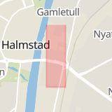 Karta som med röd fyrkant ramar in Kungsgatan, Stationsgatan, Marknadsplatsen, Halmstad, Hallands län