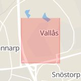 Karta som med röd fyrkant ramar in Strandvallen, Vallås, Halmstad, Hallands län