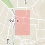 Karta som med röd fyrkant ramar in Ågatan, Nybro, Kalmar län