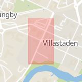Karta som med röd fyrkant ramar in Kungsgatan, Villagatan, Ljungby, Kronobergs län