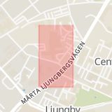 Karta som med röd fyrkant ramar in Ljungby Lasarett, Ljungby, Kronobergs län