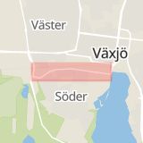 Karta som med röd fyrkant ramar in Södra Järnvägsgatan, Växjö, Kronobergs län