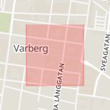 Karta som med röd fyrkant ramar in Kungsbacka, Lilla Torggatan, Varberg, Kyrkogatan, Hallands län
