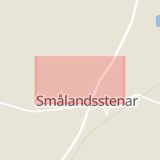 Karta som med röd fyrkant ramar in Malmgatan, Smålandsstenar, Hända, Jönköpings län
