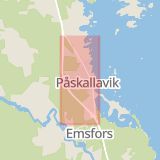 Karta som med röd fyrkant ramar in Kustvägen, Påskallavik, Vena, Idrottsvägen, Boda, Kalmar län