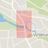 Karta som med röd fyrkant ramar in Virserum, Strandvägen, Storgatan, Hultsfred, Kalmar län