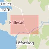 Karta som med röd fyrkant ramar in Kungsbacka, Frillesås, Hallands län