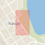 Karta som med röd fyrkant ramar in Stadsparken, Nässjö, Mjölbyvägen, Tranås, Jönköpings län