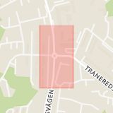 Karta som med röd fyrkant ramar in Traneredsvägen, Ängkärrsgatan, Göteborg, Västra Götalands län
