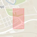 Karta som med röd fyrkant ramar in Regementsgatan, Prästängsvägen, Eksjö, Jönköpings län